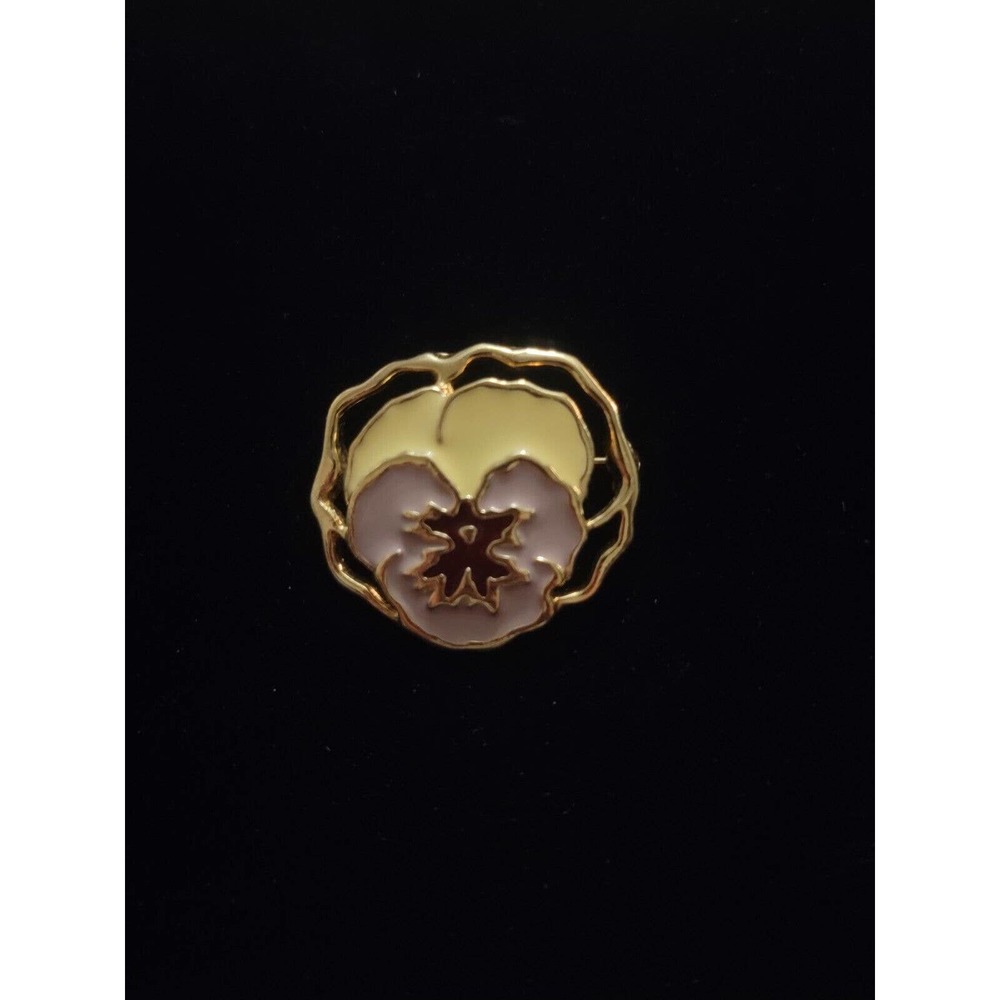 Avon Vintage 1990 Full Bloom Pansy Pin Lavender Gold Tone Brooch Pastel Yellow
